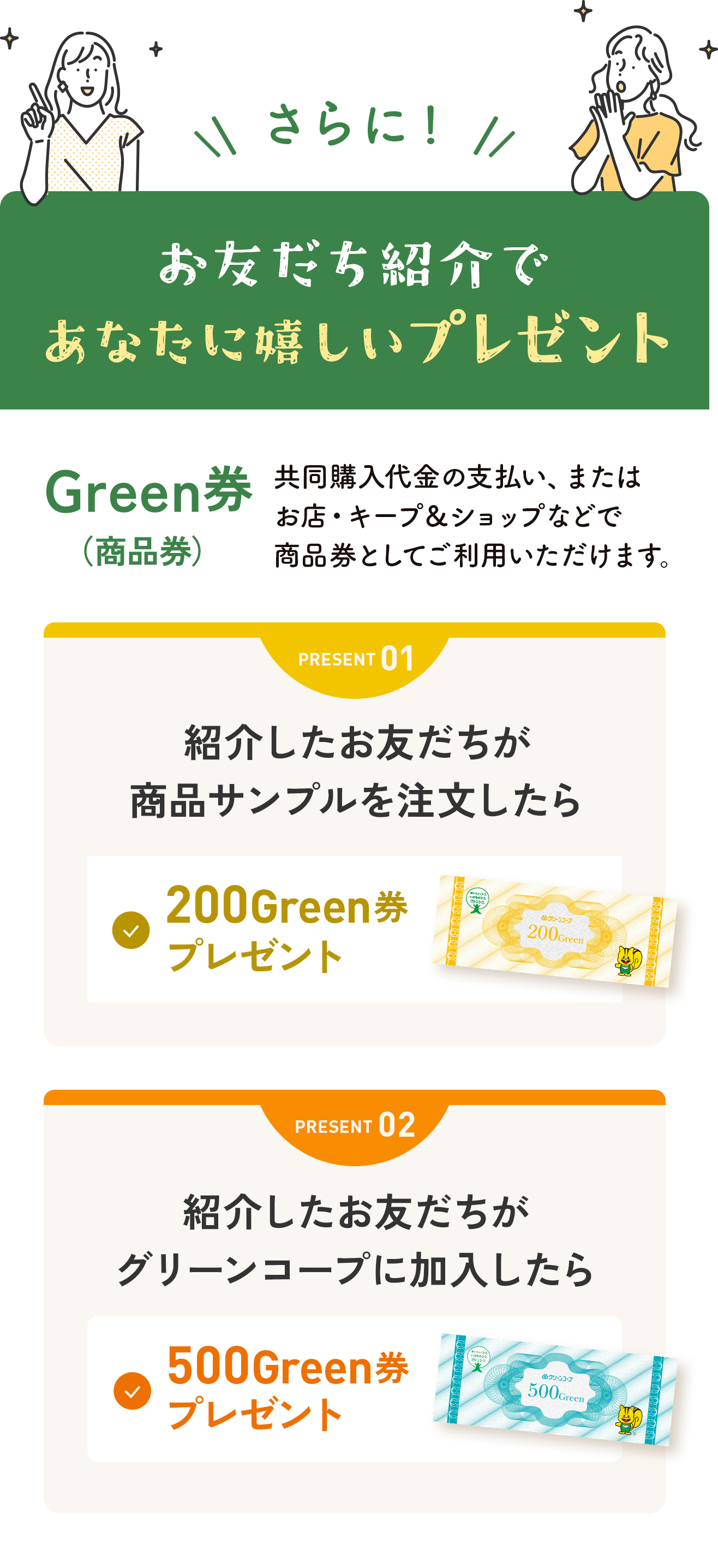 さらに! あなたに嬉しいプレゼント Green券 （商品券） 共同購入代金の支払い、またはお店・キープ＆ショップなどで商品券としてご利用いただだけます。 PRESENT01 紹介したお友だちが商品サンプルを注文したら 200Green券プレゼント PRESENT02 紹介したお友だちがグリーンコープに加入したら 500Green券プレゼント